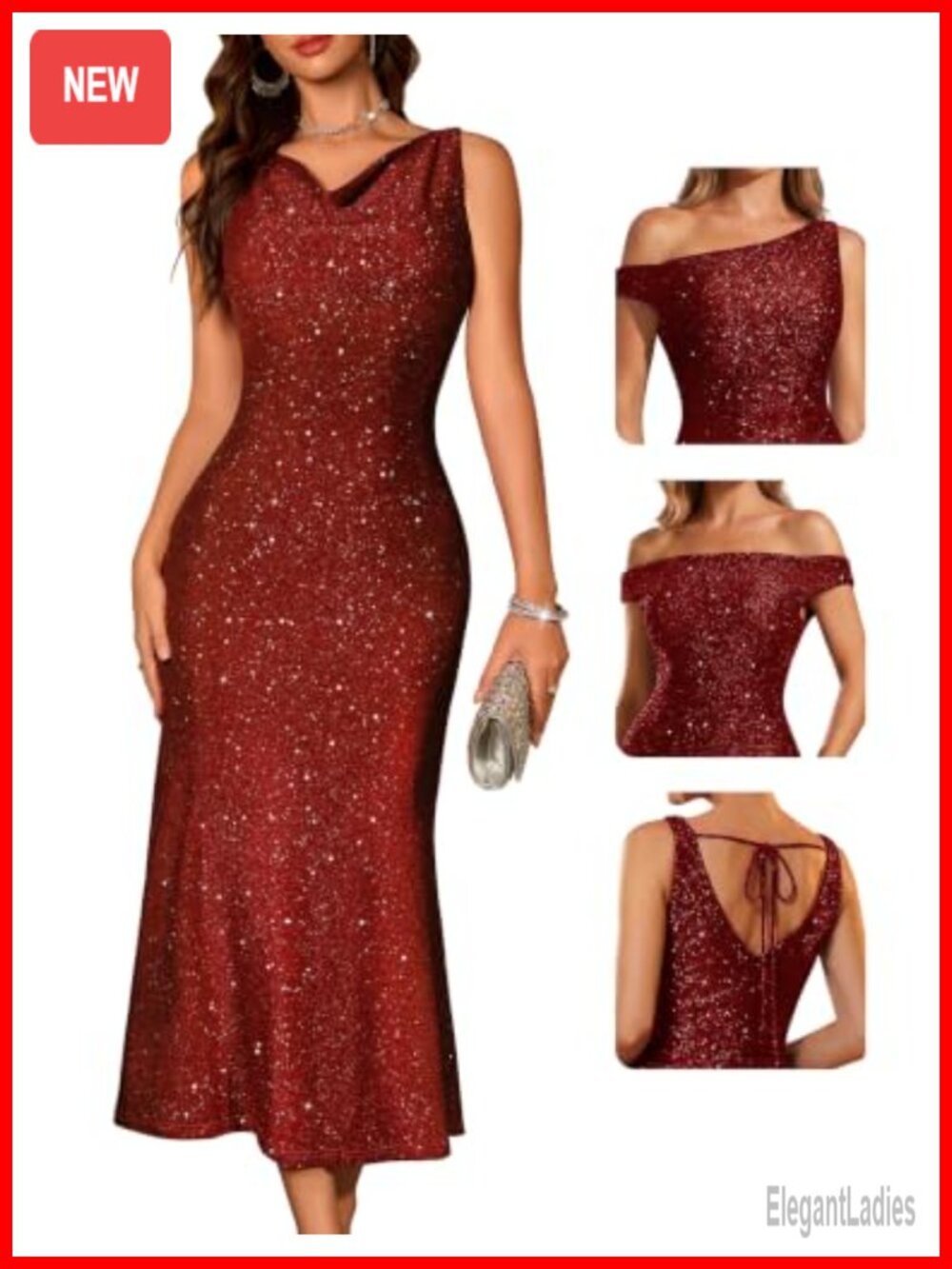 Formal Sequin Bodycon Midi Wedding Guest Dress Sleeveless Cowl Neck